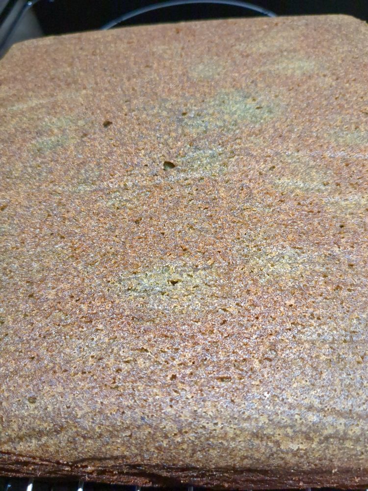 The bottom of a cooling cake, clearly blueish under the browned bits 