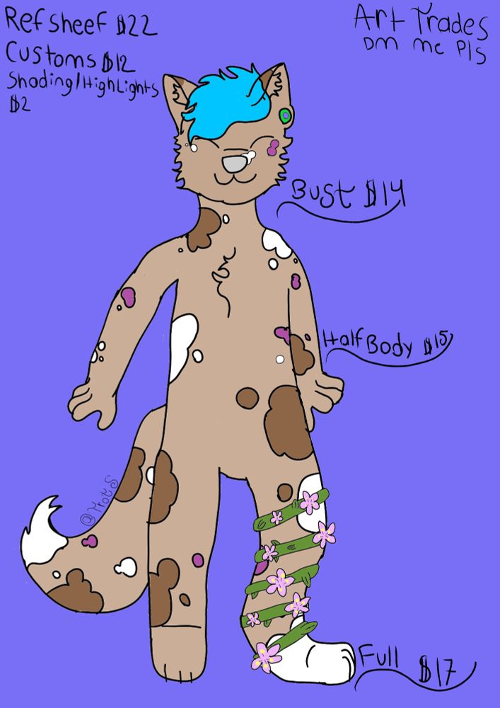 A price sheet for my art featuring trots in the middle. Hes a African wild dog with spots and a cherry blossom vine on his leg