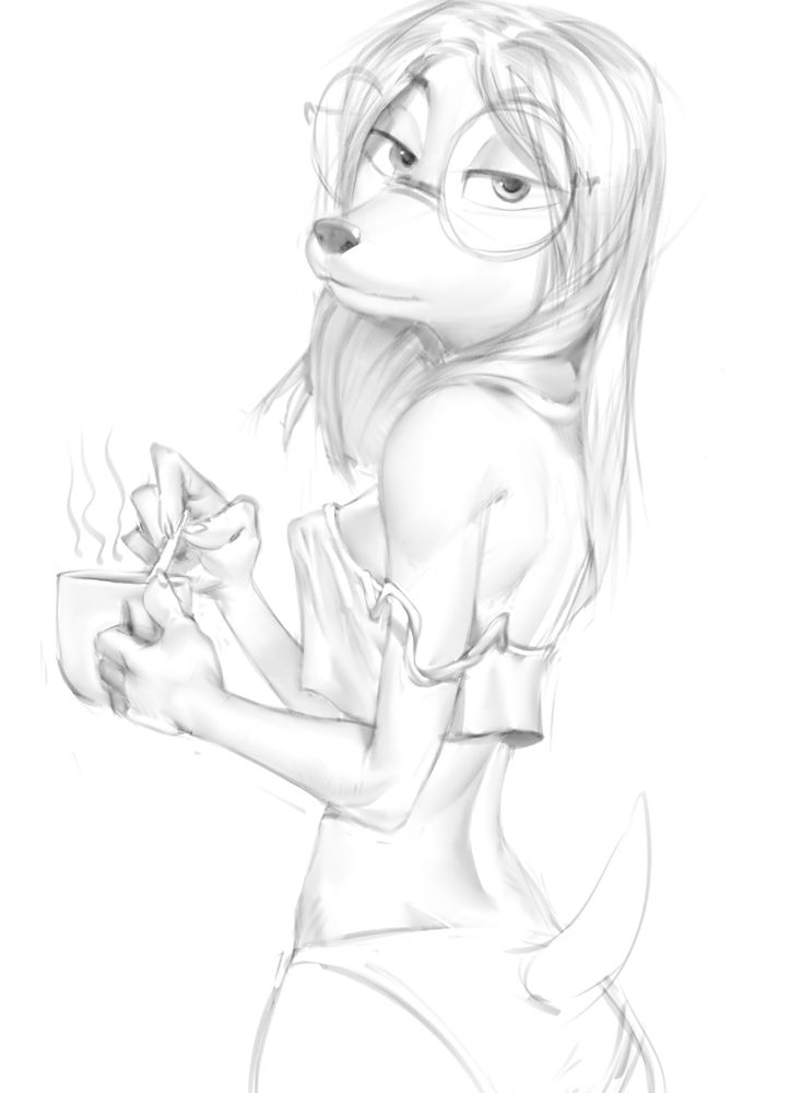 suki lane in her underwear, looking back at the viewer holding a cup