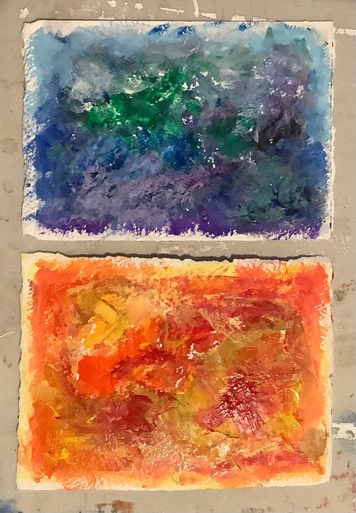 Started 2 today. Not sure where they are heading but playing with warm and cool color palettes. 

#PostcardArtExhibit #ArtYear #gouache #5x7