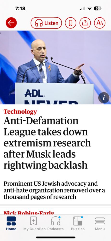 Headline from The Guardian:

Anti-Defamation
League takes down extremism research after Musk leads rightwing backlash