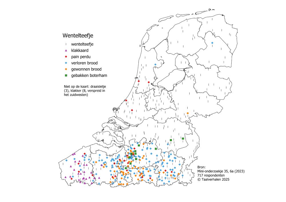 Kaart van Nederland en Vlaanderen met de benamingen wentelteefje, klakkaard, pain perdu, verloren brood, gewonnen brood en gebakken boterham.