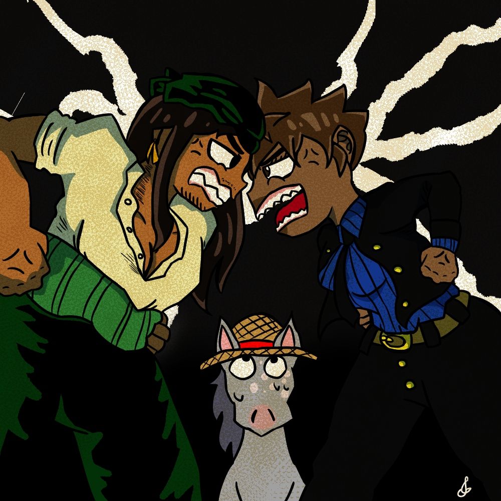 Um casal brigando fantasiado de Sanji e Zoro, com um cavalo de fundo, tenso