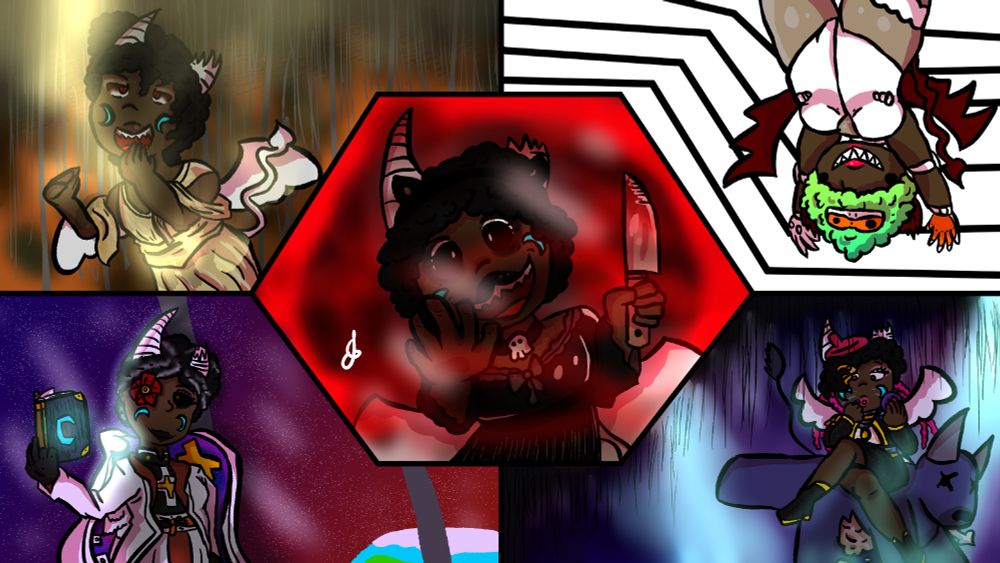 Um time fantasiado de Baba Chops de Poppy Playtime, Pearline de Sinners, Asuka de Guilty Gear, Mira de Kpop Demon Hunters e Gunsmith Bitch de New Panty and Stocking