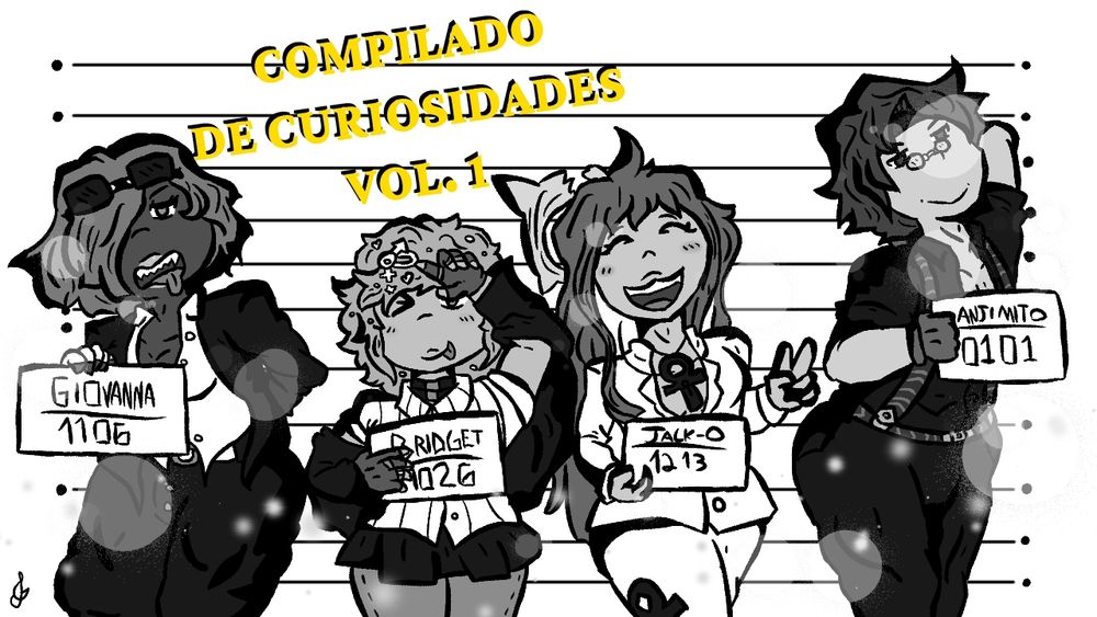 "Compilado de curiosidades Vol 1". Personagens Giovanna, Bridget, Jack-O e Anji de Guilty Gear posando para as fotos de polícia 