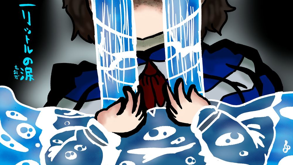 Uma menina de uniforme japonês azul chorando tanto que cria um mar ao seu redor 