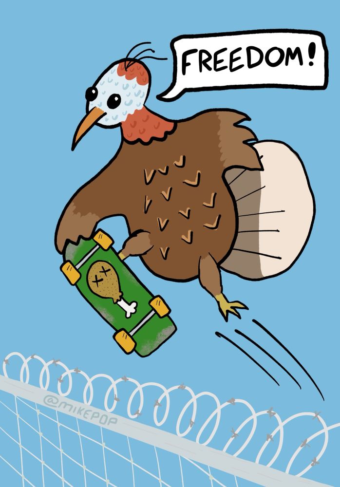 Drawing of a turkey riding a skateboard jumping over a fence. A speech balloon reads “FREEDOM!”