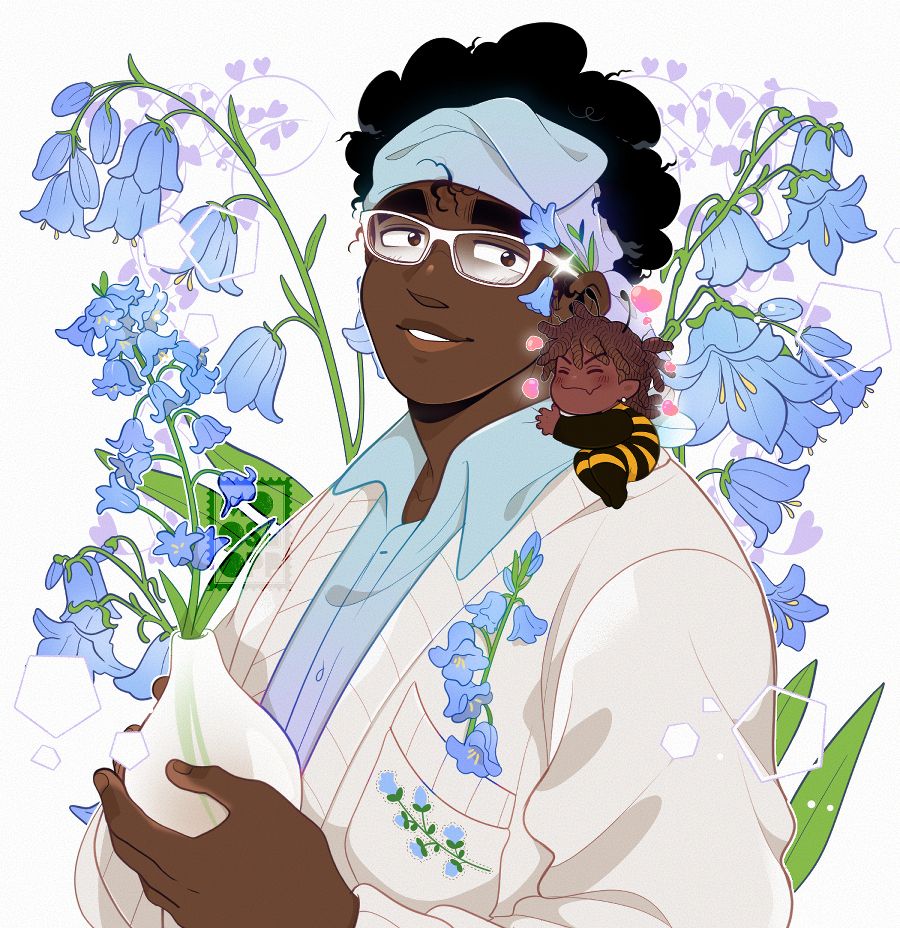 My OC Cog holding a vase of bluebells, they have white glasses on and an off white cardigan, his bandana and dress shirt are a matching blue to purple gradient. Their cardigan pocket has a stitched design of a bluebell. A mini version of Marcus is sitting on Cog's shoulders dressed as a bee with pink hearts floating around him. The background has bluebell flowers.
