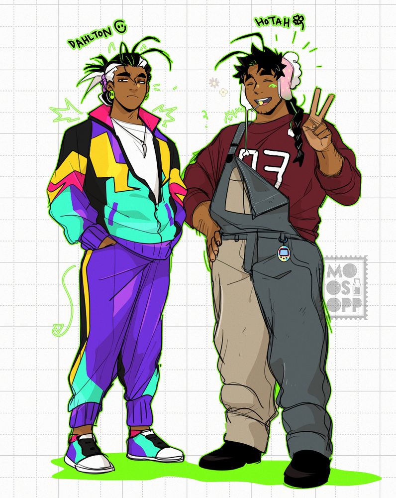 My twin OCs, Dahlton has black and white hair tied in a messy bun, they're wearing a neon colored windbreaker jacket with matching pants and alien earrings. Hotah has a pink puff ball hat and his hair is tied in a braid. They have dusty two toned overalls on and a dark red sweater underneath with 07 printed on the front. A tamagotchi style device is hanging on the belt.
