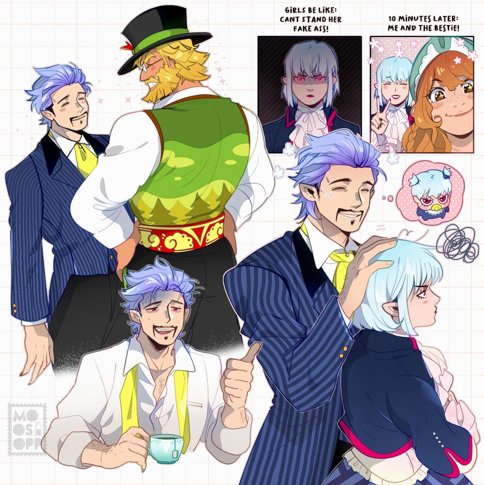 Characters Erik/felix/june/sophie from story of seasons. Erik has light purple hair in a striped style suit. Text on top right reads: Girls be like: Can't stand her fake ass! 10 minutes later: me and the bestie!