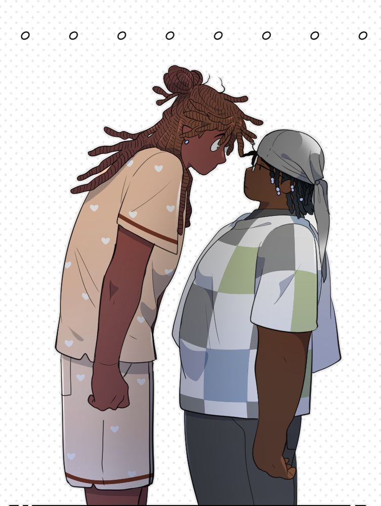 My OCs Marcus and Cog, Marcus has long red/brown locs tied in a bow style, he has an off yellow pj with tiny white heart patterns. Cog has their hair in twists wearing a green checkered t shirt.
