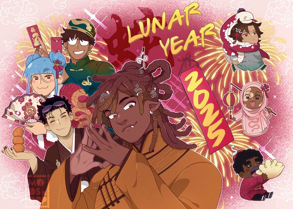 My OCs in their traditional wear for the lunar year. The text in yellow says Lunar Year 2025, bg includes yellow fireworks and the hanzi for snake.
Marcus is wearing dark orange with snake decos in his hair.
Toma is wearing all black and sunglasses on his head as he's holding mandarin oranges.
Winnie has a red luck charm in her hair and holding a fan with a snake print on it. Her dress has a fluffy sleeve and collar and a snake pattern on her sleeve.
Duy is wearing green with hold snakes and holding hongbao with snakes printed on them.
Percy is wearing gray and a luck charm in his hair. he's also holding a giant red and white snake.
Heidi is wearing pink with a snake at the front of it and a luck charm clip. She's holding a lantern.
Cog is wearing red with flower patterns, their hat has a snake on top. He's holding a giant dumpling.