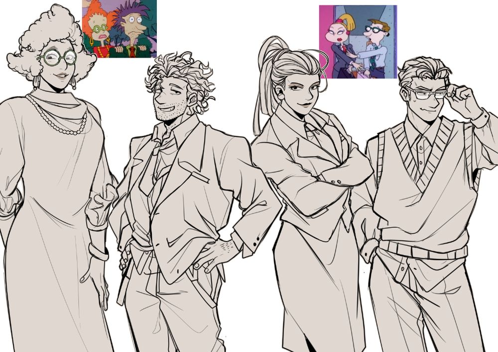 Black sketch color fanart of the Pickles family from Rugrats.
Left to right: Didi, Stu, Charlotte, Drew.