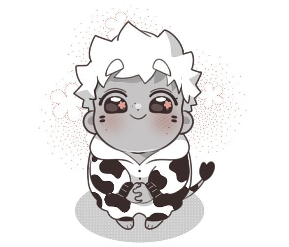 my OC Kelly wearing a cow onesie.