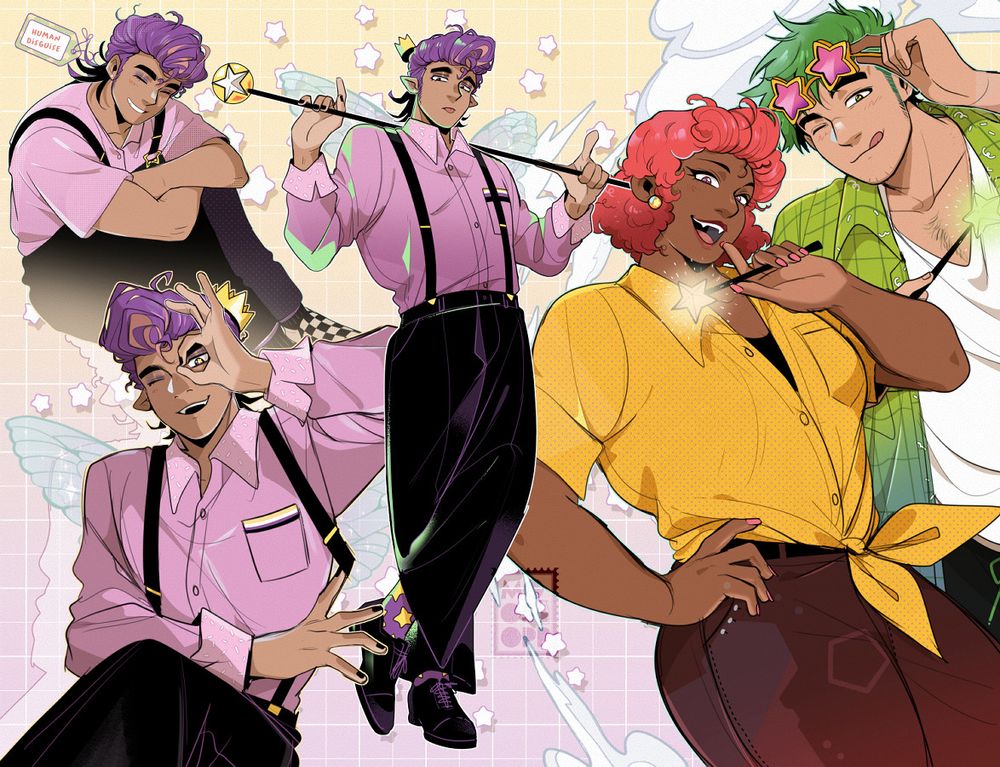 Fanart of Peri/Wanda/Cosmo from FairlyOdd Parents A new Wish. Peri has curly purple hair with a pink streak. Black suspenders attached to black pants and dress shoes. His dress shirt is pink and the nonbinary flag as their pocket design. His wand is a longer staff style.  Wanda has bright pink hair and painted pink nails. Her top is yellow tied at the bottom and dark red pants. Cosmo has messy green hair and checkered green shirt over top a white t shirt. He has star shaped sunglasses that are pink shaded.