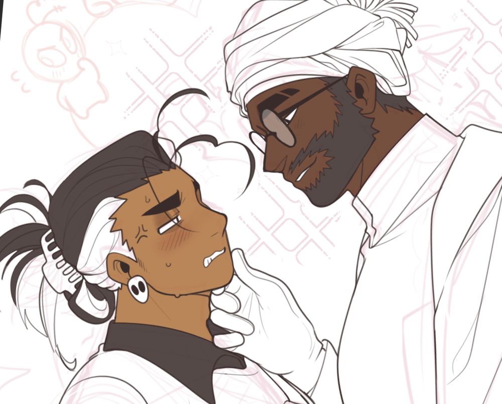 My OCs, Cas holding Dahlton's chin, Dahlton has a flustered/annoyed expression.