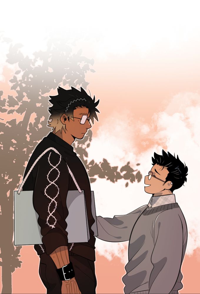 My OCs Duy and Toma, Duy is carrying shopping bags over his shoulders, Toma has his hand on Duy's arm, comforting him.