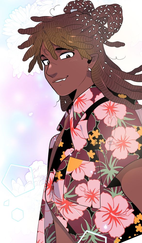 My oc Marcus, he has reddish brown locs tied in a bow. His collar shirt is open. Its black with pink and red flowers on them.
