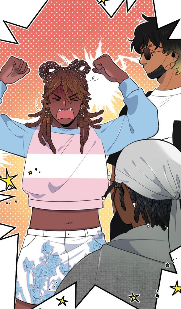 My OC Marcus has his hands pumped up. Duy is behind him wearing a black mask and white T shirt with black sleeves and sunglasses. Cog is facing away looking at Marcus, he's wearing a durag and a short sleeve hoodie that's an off green/gray color. Their hair is styled in braids.