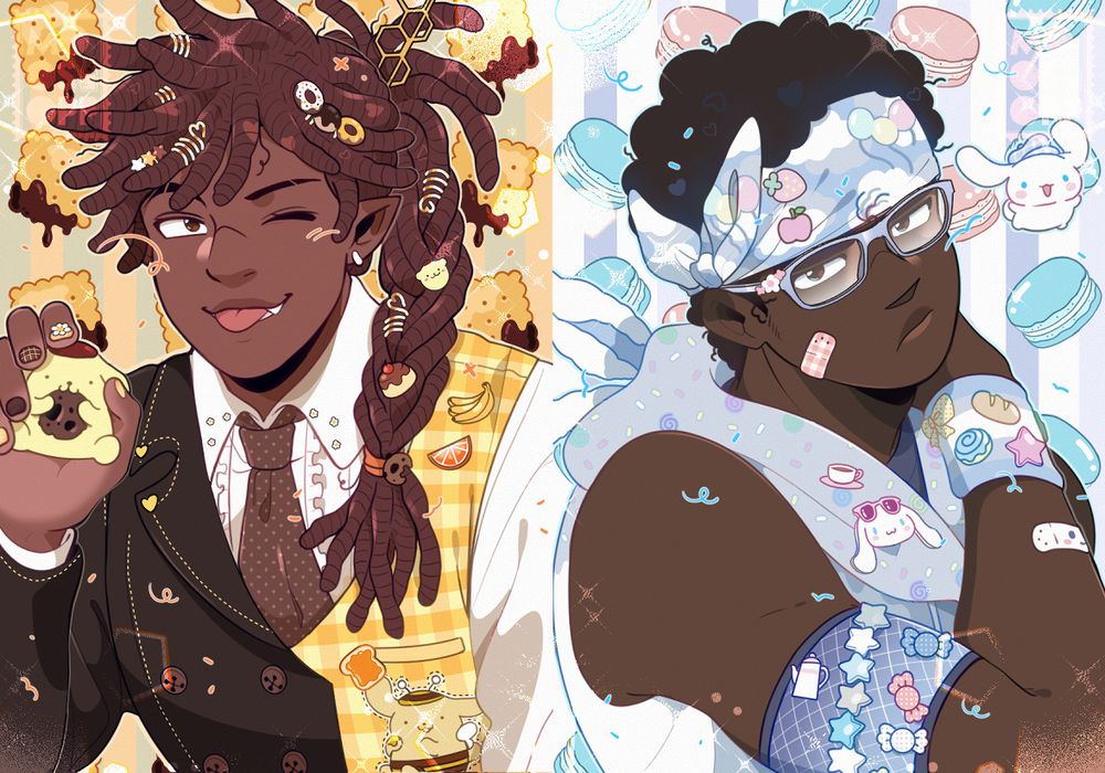 OC Marcus has his locs tied in a braided ponytail, he's wearing a half brown half yellow vest suit and brown tie. He's holding a pompompurin doll. 
OC Cog has a cloud pattern bandana and blue glasses, their hoodie has sprinkles on them and long dog ears on the end. and also has a wrist band.