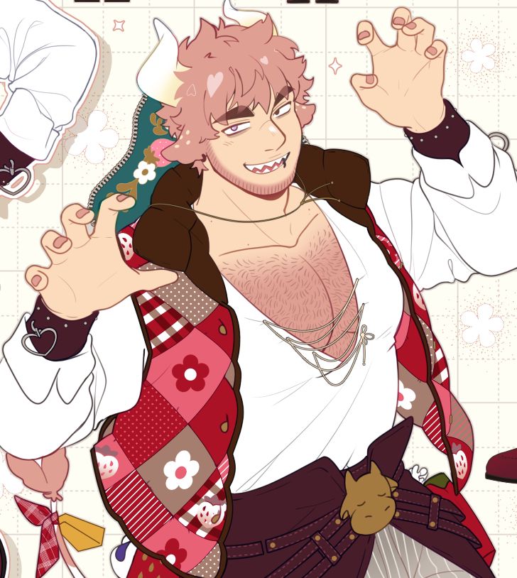 My OC Sal, They have pink hair and white horns with a cow tail. Their vest is quilted with red/white flower patterns. He has a large belt around his waist with matching cuffs that has a dangling chain in a shape of a heart. 