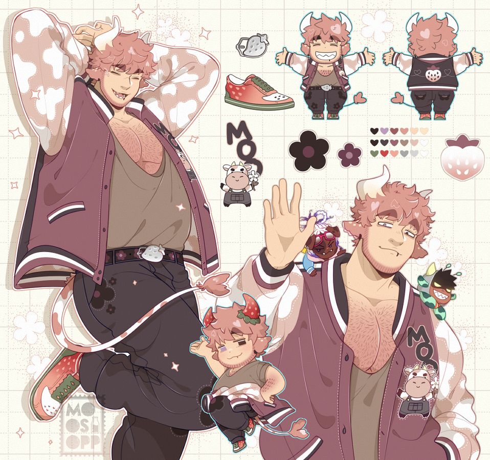 My OC Sal, he has pink hair and white horns. Their cow ears have seed designs on them. Their jacket is a maroon varsity style that has pink/white cow patterns on the sleeves. He has a flower belt with matching flower pattern pants. Their shoes also resemble a strawberry.