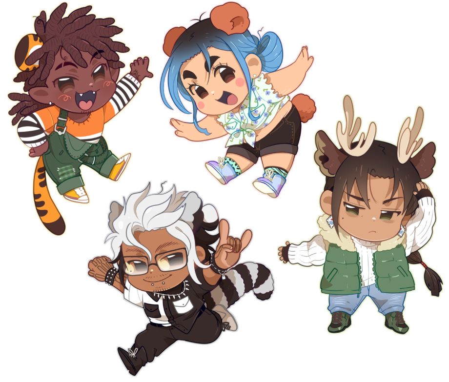 MY Oc's with animal ears/tails. Marcus as a tiger, Winnie as a bear, Duy as a lemur and Percy as a caribou 
