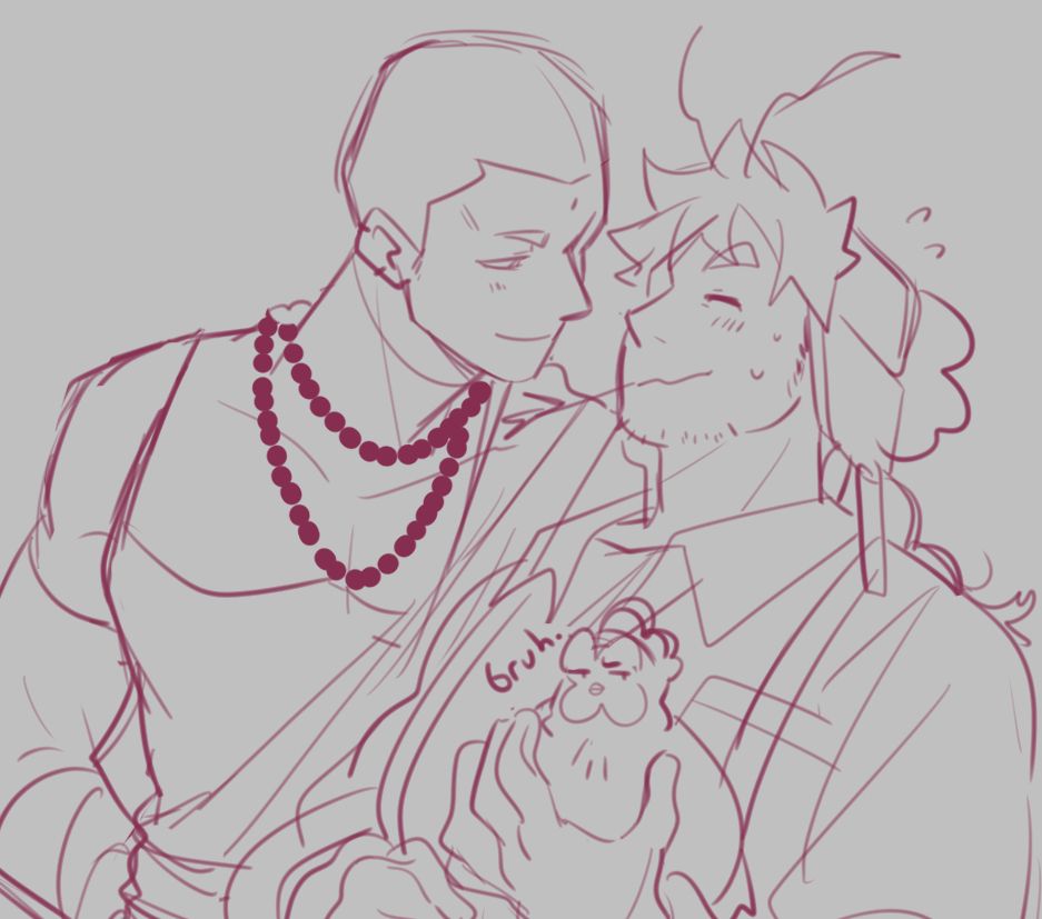 My OCs Yoyo and Hotah and Fuu. Yoyo and Hotah are staring at eachother as Hotah is holding Fuu, she looks unimpressed.