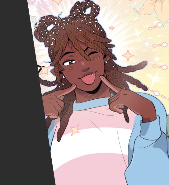 My OC Marcus, his locs are styles in a bow and his sweater is pink/blue/white.