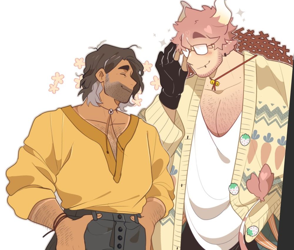 My OC Sal with Hayden from Fields of Mistria. Sparkles and flowers around both of them.