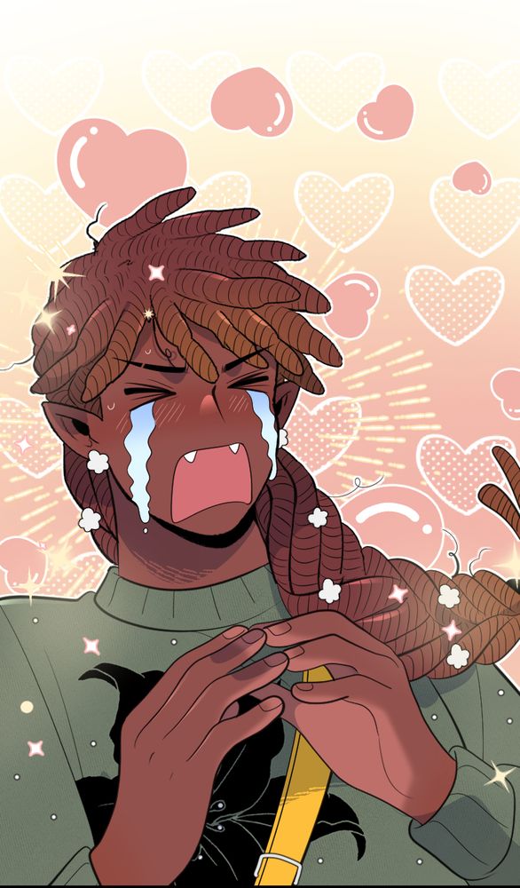 My OC Marcus dramatically crying with hearts around him.