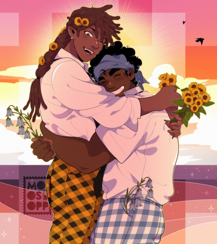 My OCs Marcus and Cog, Marcus is a head taller with brown/red locs tied in a braid with mini sunflowers in his hair, Cog has a blue bandana with matching pants. They're both wearing a white dress shirt and black tie and hugging. Marcus is holding mini sunflowers and Cog is holding bluebells.