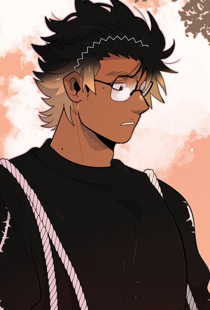 my OC Duy wearing all black, there's thorn prints on the sleeves and he's wearing glasses and a white headband.