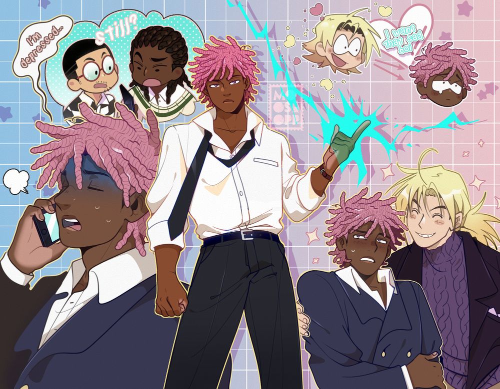Fanart of Neo yokio, Kaz has pink locks and wearing a white dress shirt with a loose tie and black pants, blue lightning coming from his hands.
Left side has Kaz on the phone with Gottlieb and Lexy with the text saying "I'm depressed..." Gottlieb has red glasses and a black/white striped shirt. Lexy has cornrows and wearing a baggy beige/green sweater.
Right side has Arcangelo being friendly towards Kaz. Arcangelo is blonde wearing a purple blazer and turtleneck.