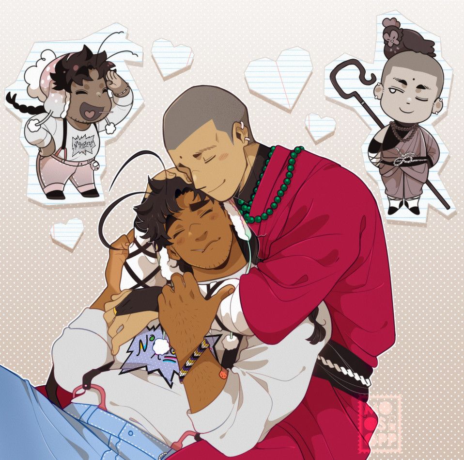 My OCs, Yoyo has his arms wrapped around Hotah. Yoyo is wearing all red with a green beaded necklace. Hotah has a hat with flags on, their hair is in a long braid. There are paper heart designs around them.