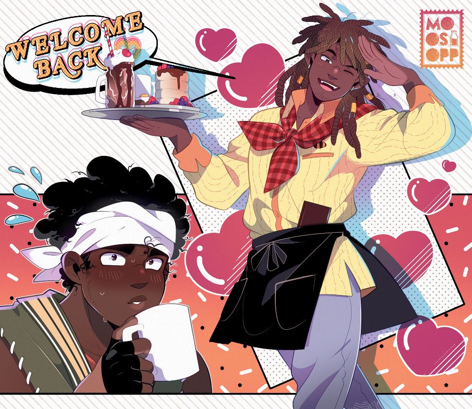 My OCs Marcus and Cog. Cog has a white bandana holding a white coffee mug. Marcus is in a salute pose holding a tray of food. His outfit is yellow with a red plaid scarf around the collar. His apron is black.