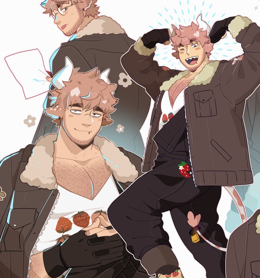 Collage of my OC Sal, they have pink hair and cow ears with white horns. He's wearing a brown jacket with a furry hood and black overalls. His white shirt has strawberry prints on them. Top left is Sal wearing glasses and holding a blank paper. Beneath is Sal with their hands together and his jacket hanging off his shoulders. Right image is Sal flexing their arms.