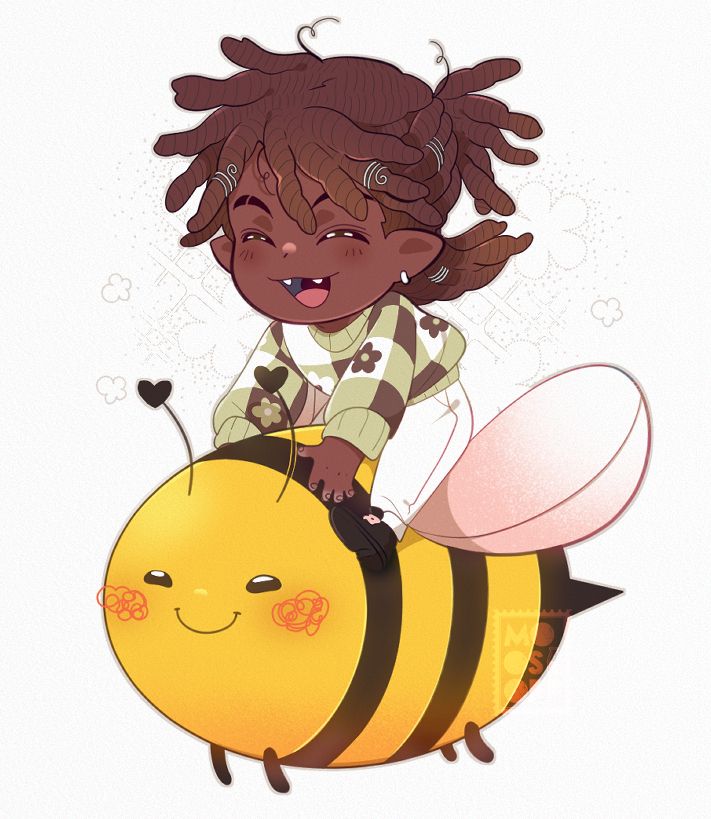 My OC Marcus riding on a giant bumble bee with heart antennas. He has a checkered brown, white and green sweater.