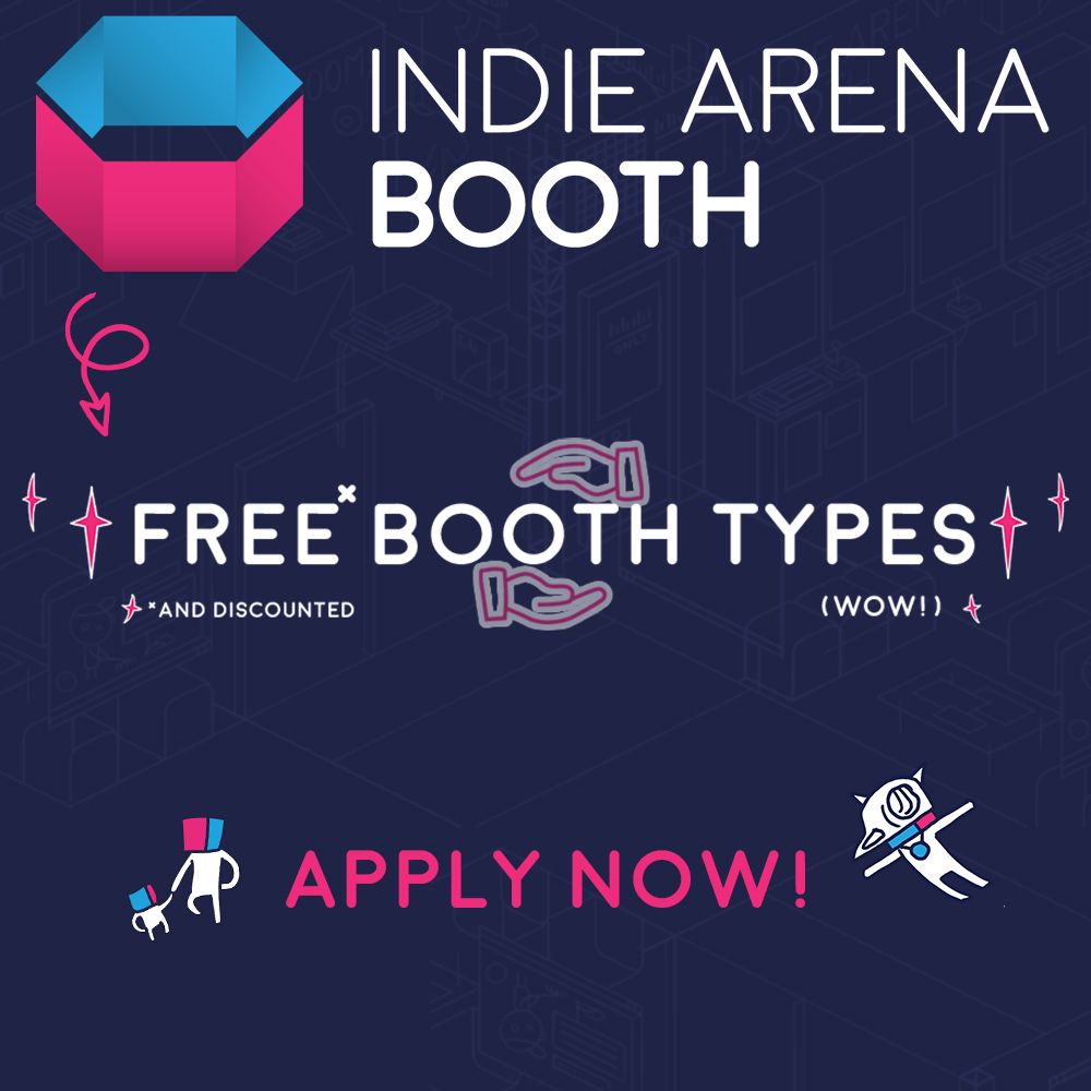 The image shows the Indie Arena Booth logo and "Free Booth Types" - encouraging developers to apply to the free showcasing opportunities