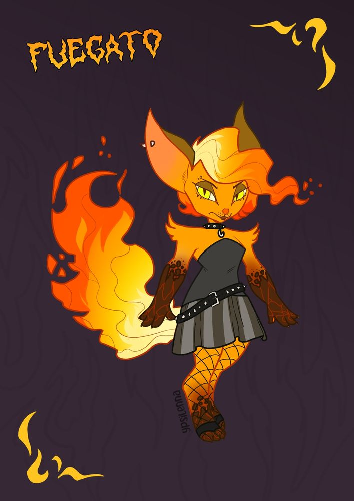 Doodle of a fire elemental that looks like a goth anthro cat lady.