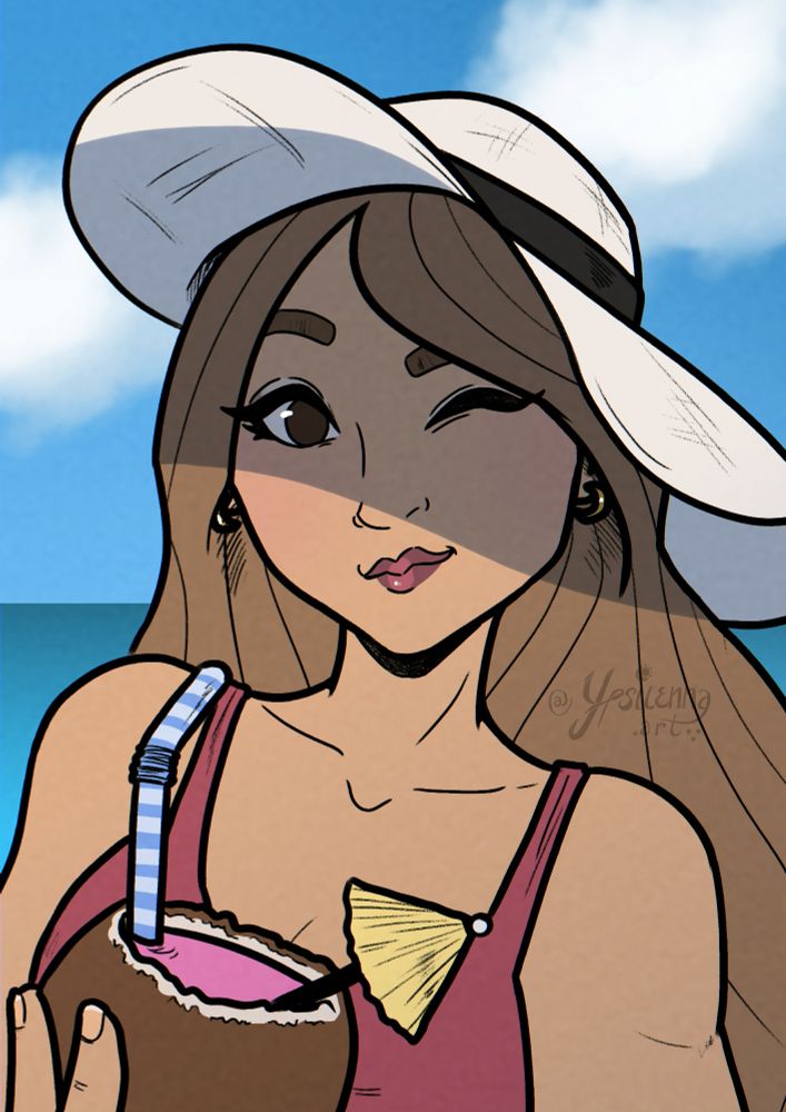 Cartoonish portrait of a winking lady with long hair wearing a hat and holding a coconut drink in her hand.