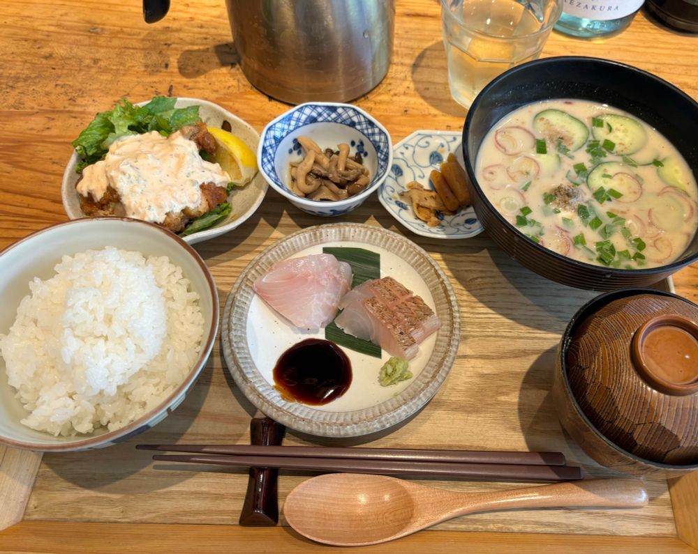 冷や汁定食 刺身とチキン南蛮がちょこっとずつついている