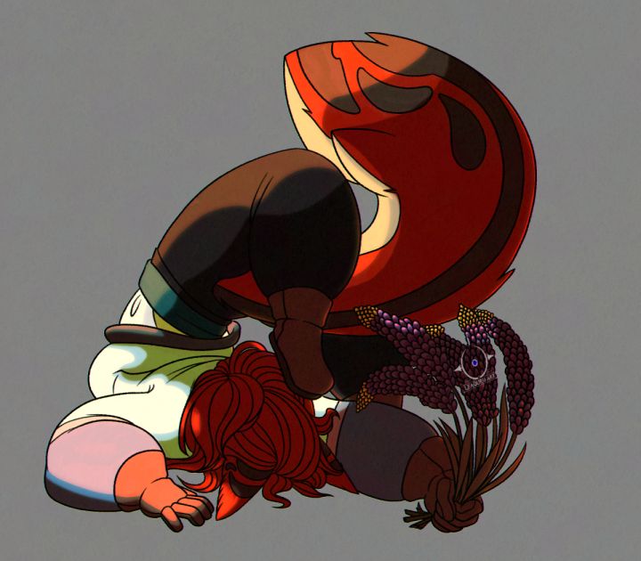 Fenris, falling face first onto the ground, his body exhibiting his almost unnatural flexibility as he does so. He holds onto a bundle of purple lupin flowers in his hand.