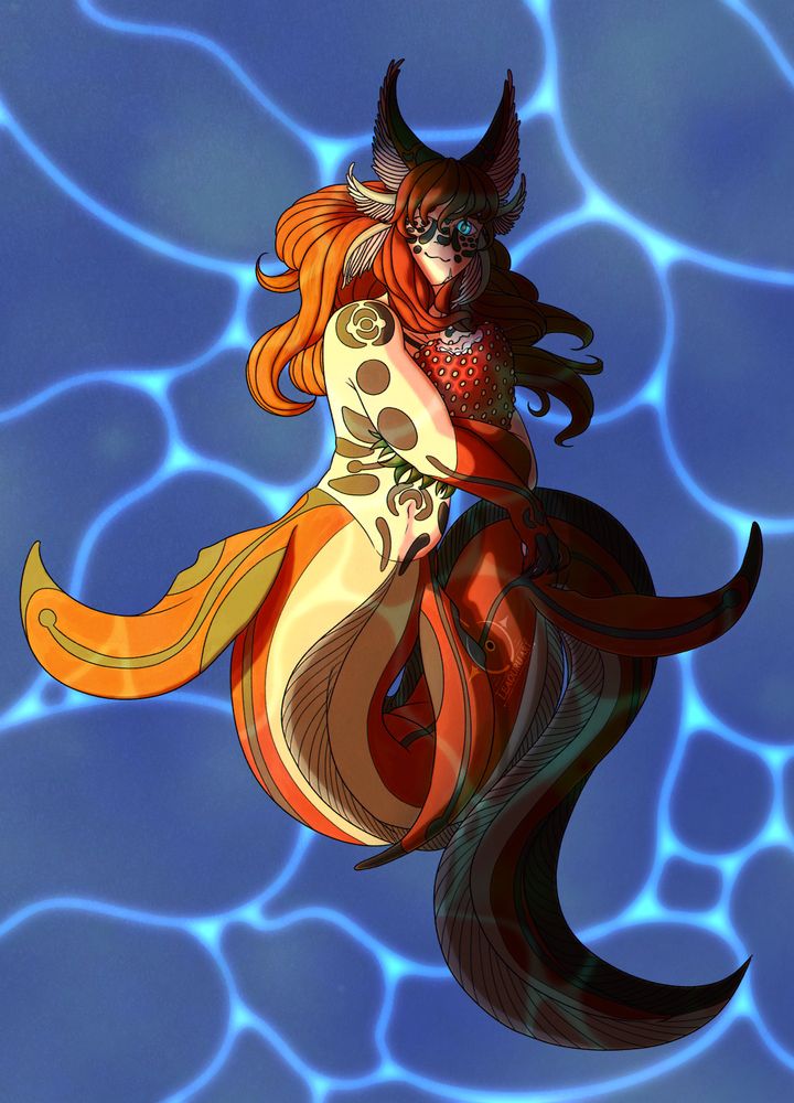 An image of Fenris as a mermaid, smiling as he holds a strawberry in his arms. There are a few bites already taken out of it,