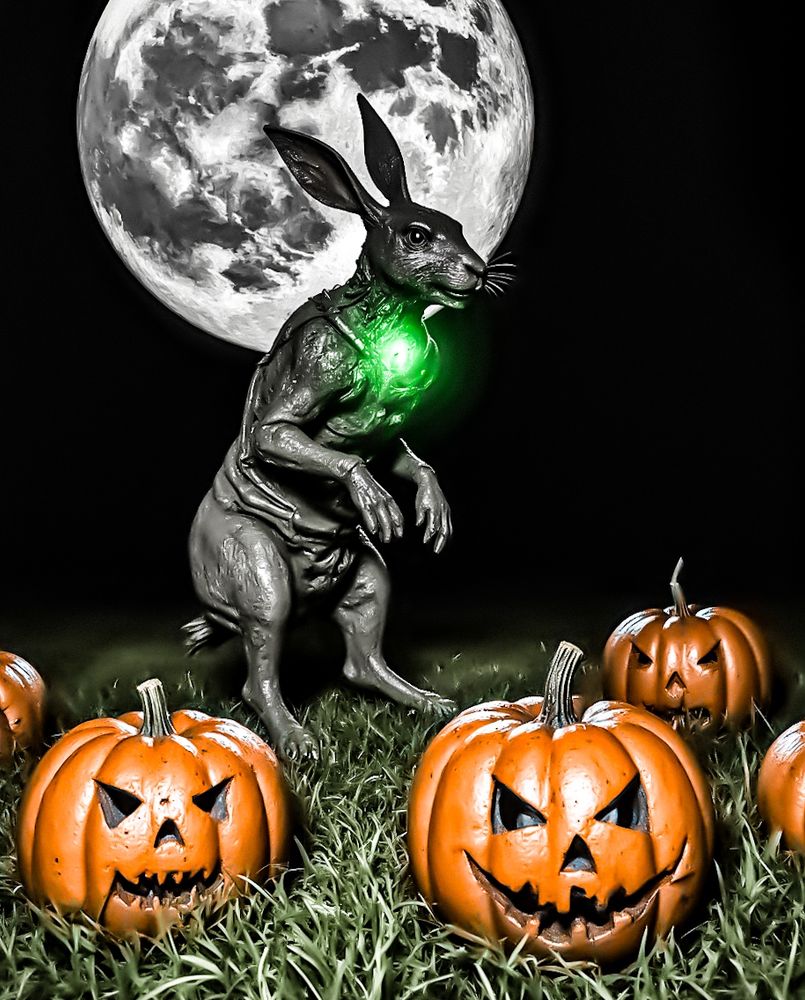 photorealistic, a WHISPERING PUMPKIN PATCH under the bright, oppressive light of THE HUNTER'S MOON. A CHARCOAL-colored mechanical HARE is frozen mid-leap, its internal GEARBOX-CURSE visibly seized and glowing with a sickly green light. The pumpkins seem to have faint, whispering faces. Style of dark rural gothic. Textures: rough pumpkin skin, dewy grass, tarnished metal, glowing cursed energy. Hues: silver moonlight, deep charcoal, pumpkin orange, and toxic green.