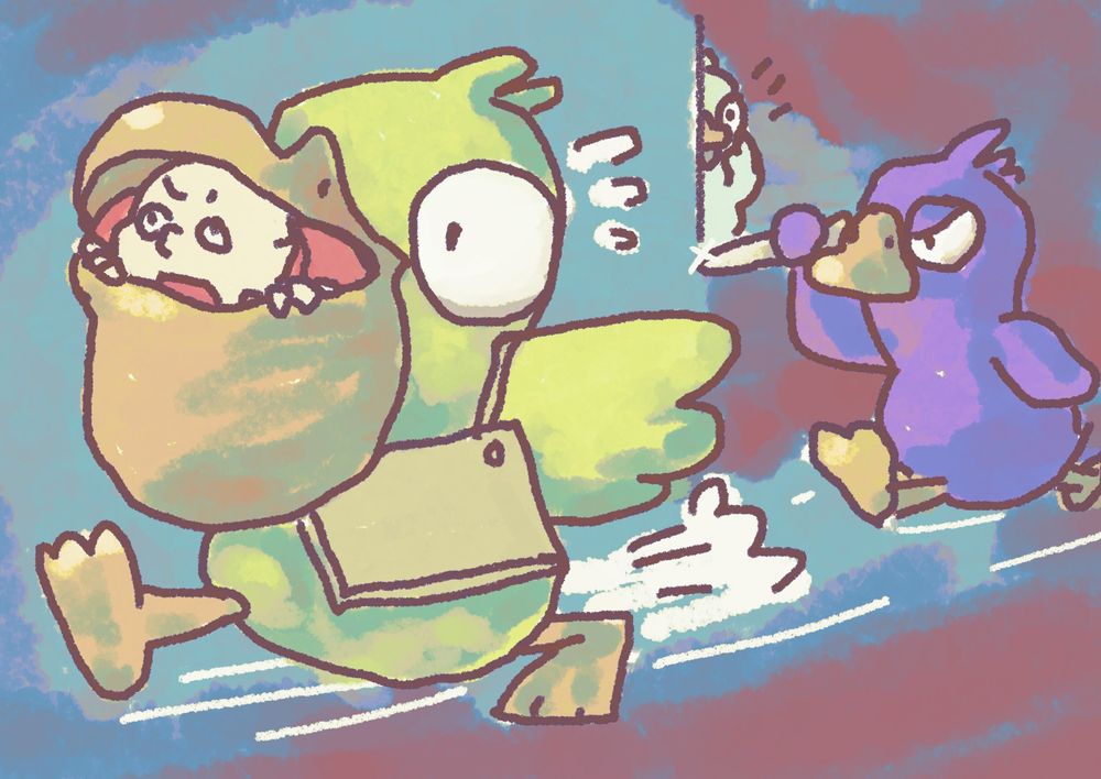 GooseGooseDuckでえどさん”を食ったペリカンを追いかけるダックと、目撃者のグースを描いたイラスト
