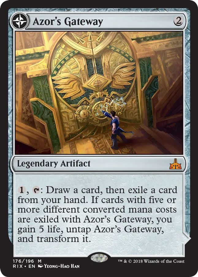 The Magic the Gathering card “Azor’s Gateway” (2 colourless mana, legendary artifact). The card art depicts a person in front of a large, ornate golden double door. Card text reads, “ (1 colourless mana, tap): draw a card, then exile a card from your hand. If cards with 5 or more different mana costs are exiled with Azor’s Gateway, you gain 5 life, untap Azor’s Gateway, and transform it”.