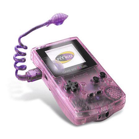 Photo of a translucent purple game boy color, illuminated by a matching purple game boy worm light. The “nyko” logo is shown on the game boy screen.