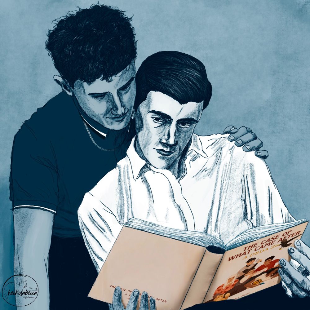 Bluescale painting of Edwin and Charles reading a full-color book called "The Case of What Came After."
