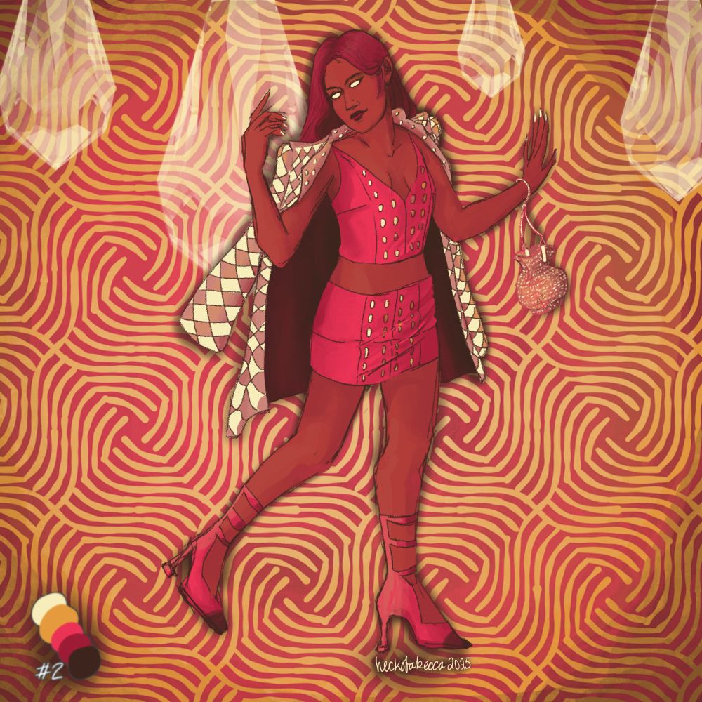 Painting in limited colors of Crystal Palace wearing 2022 fashion. Her hair is straightened and her eyes are white.